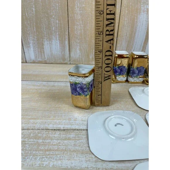 5 Bone China Gold Encrusted Floral Square Demi-Tasse Cups & Saucers Germany